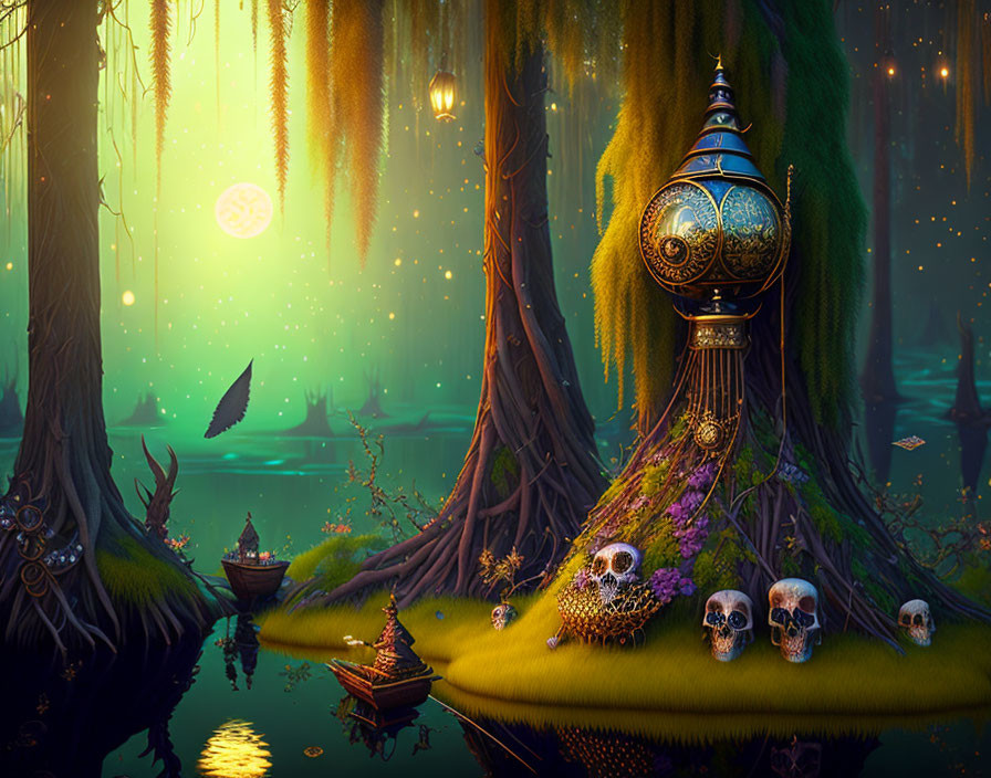 Enchanted forest with glowing lanterns, mystical trees, serene river, small boat, and skulls