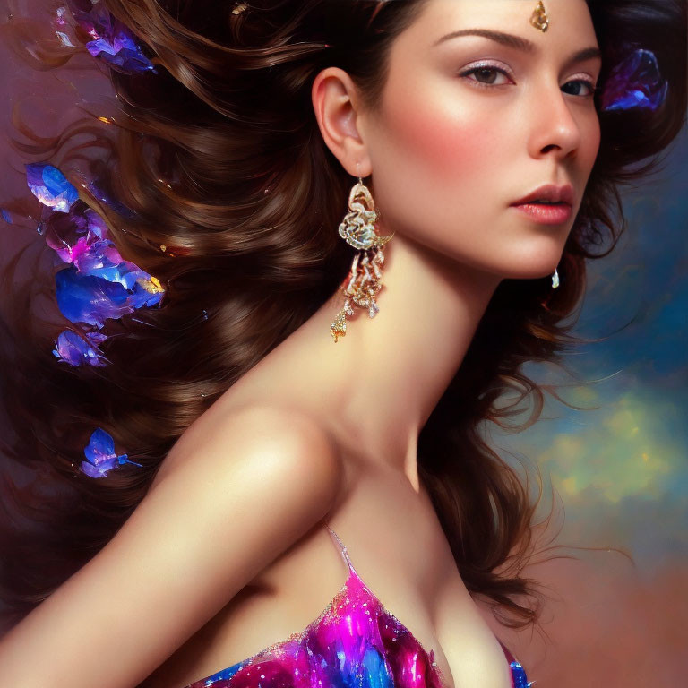 Elegant woman in sparkly purple dress with flowing hair and bindi, set against butterfly backdrop