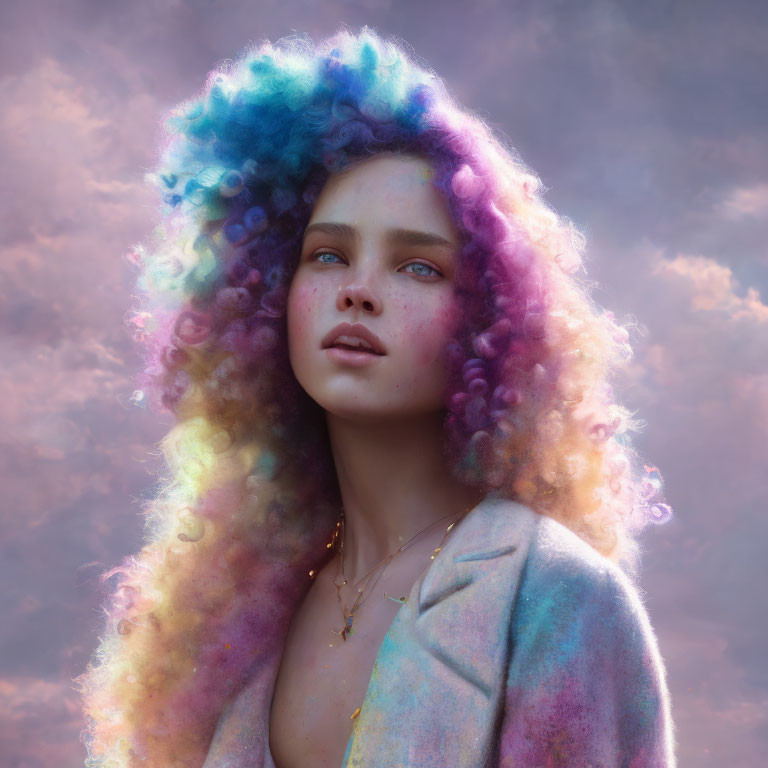 Colorful cloud-like hair on woman against dreamy sky backdrop