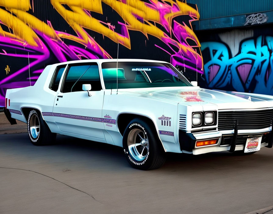 White Car with Purple Graphics Parked in Front of Graffiti Wall