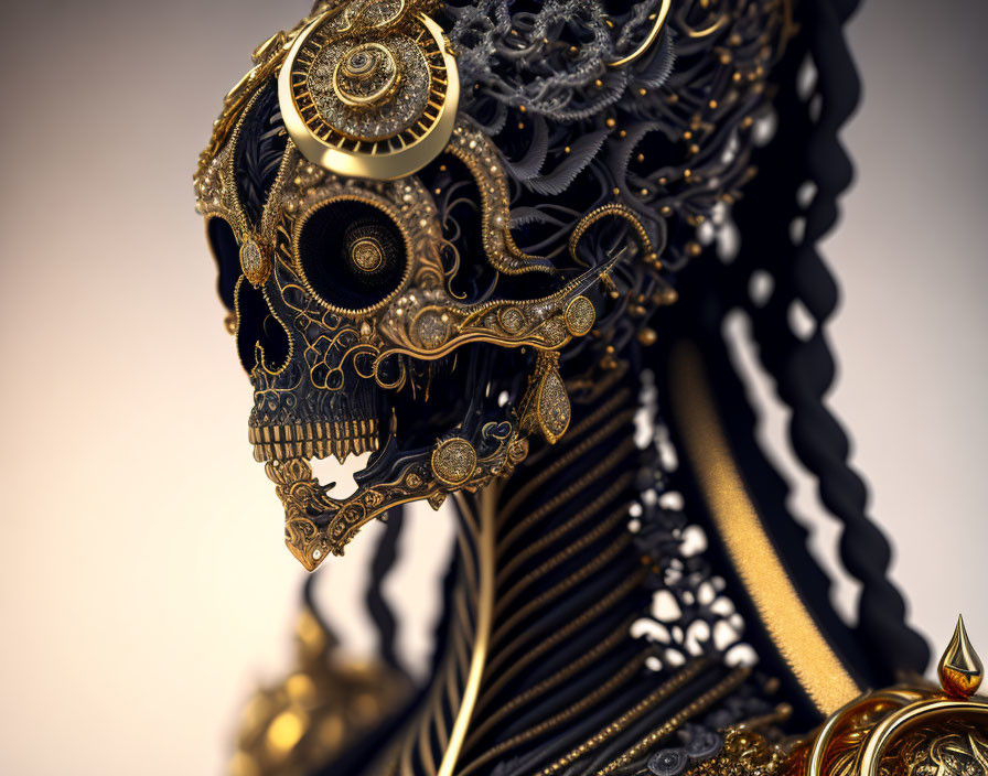 Steampunk-style metallic skull with intricate gears and mechanical details.