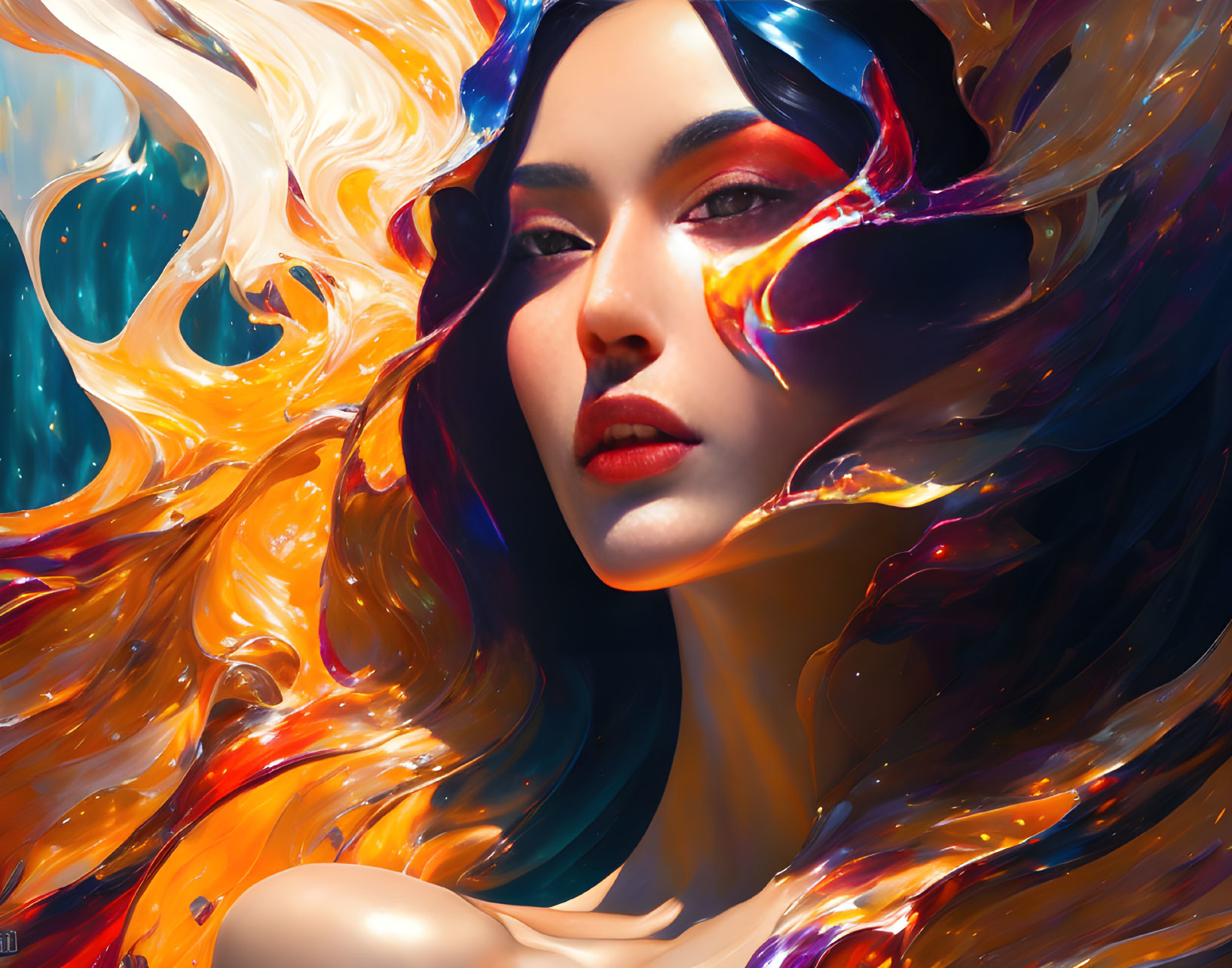 Colorful Hairlike Elements Swirl Around Woman in Vibrant Portrait