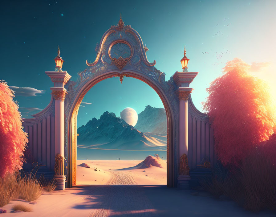 Ornate archway leading to desert mountains under twilight sky
