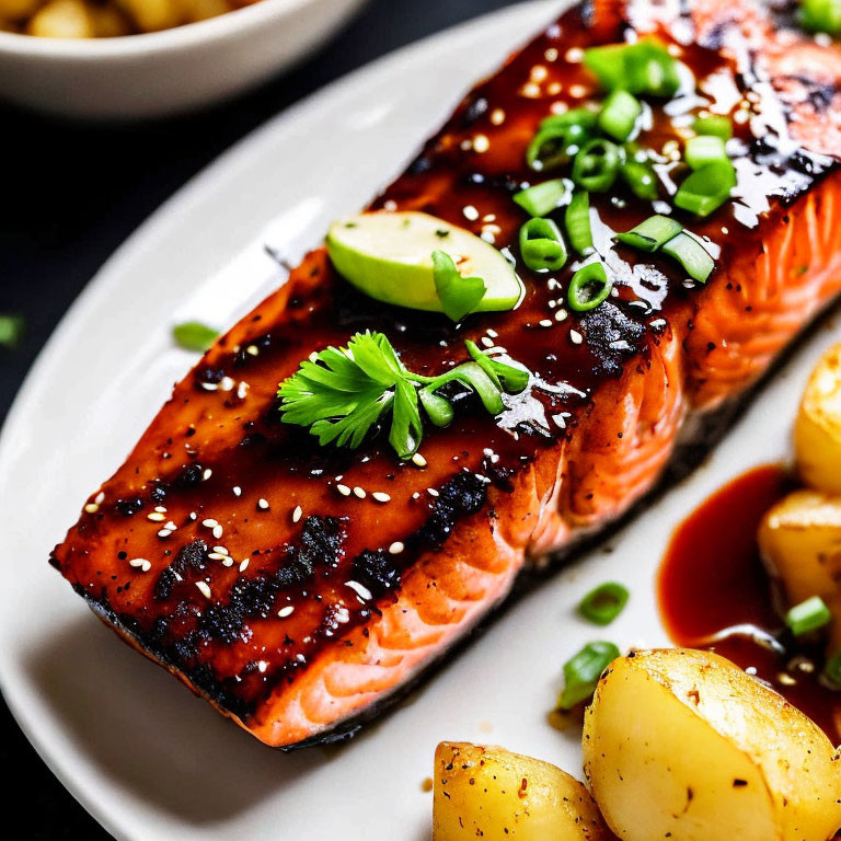 Sesame-Glazed Salmon Fillet with Green Onions and Lime on Plate