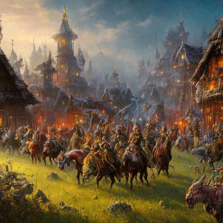 Medieval warriors on horseback charging in a field with a golden-hued village at sunrise or sunset