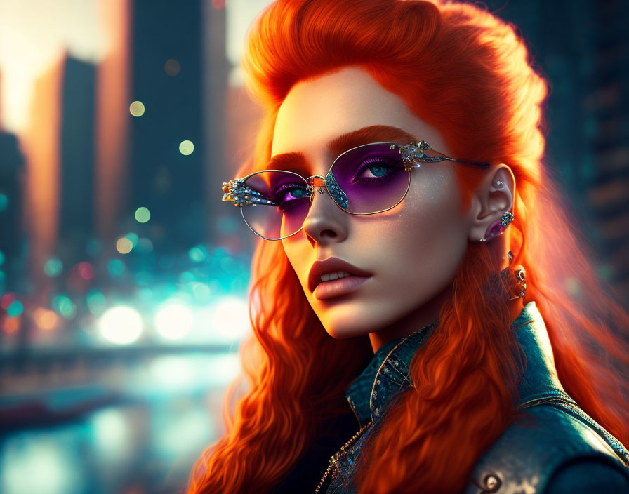 Vibrant red-haired woman in stylish sunglasses against blurred cityscape