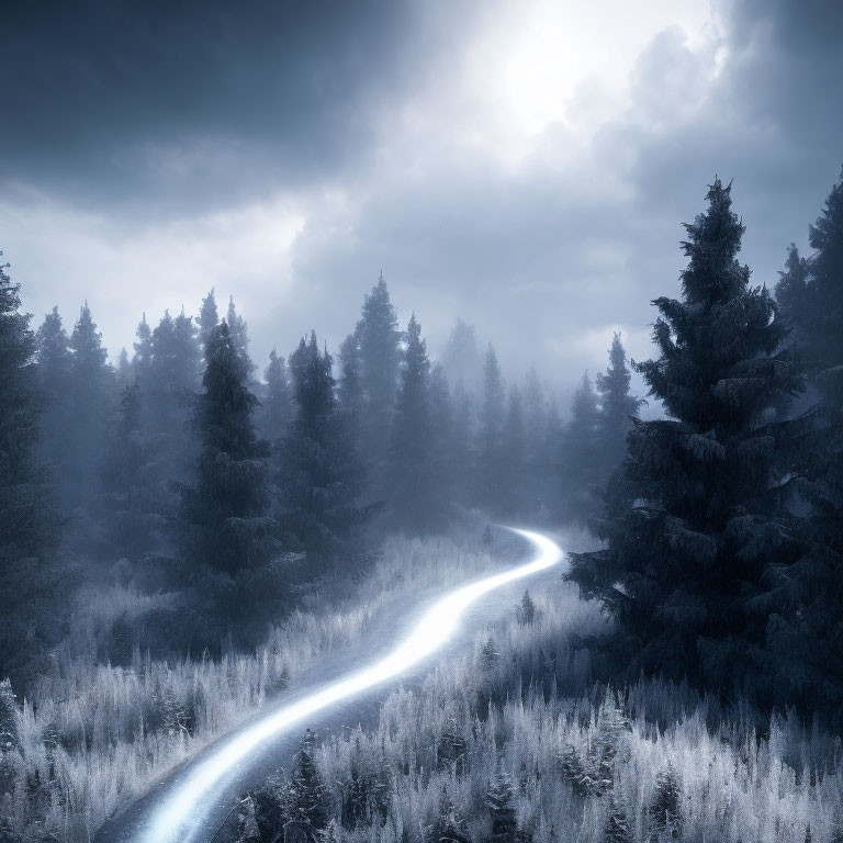 Misty forest with winding path under dramatic sky