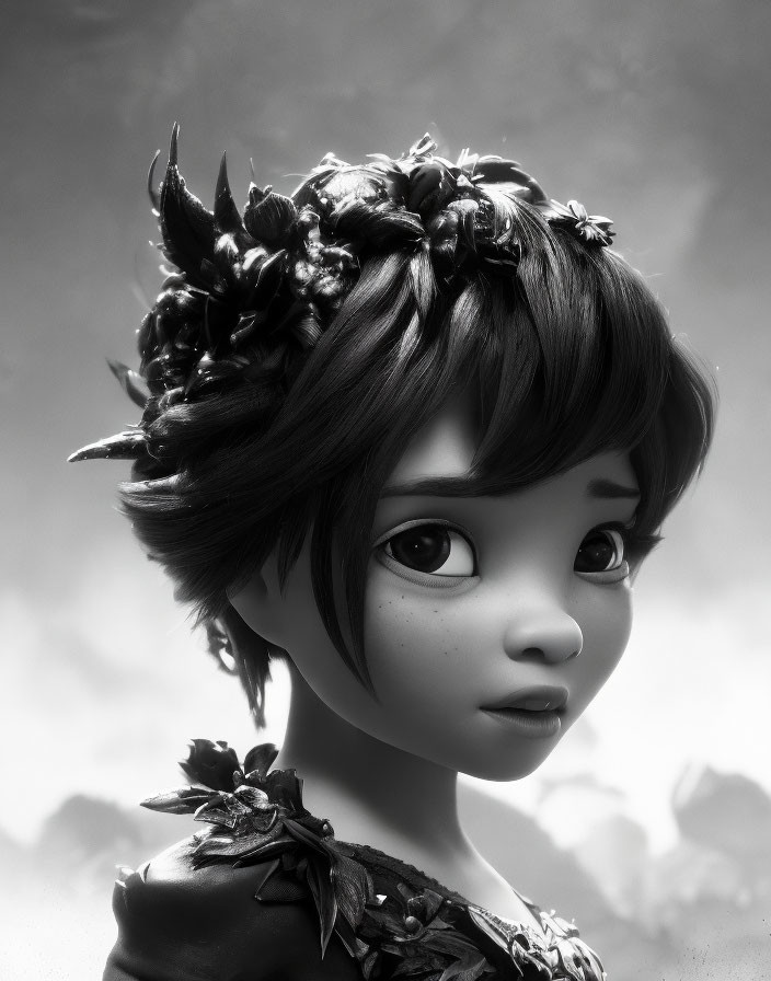 Monochromatic fantasy character with large eyes, crown of thorns and flowers, against misty backdrop