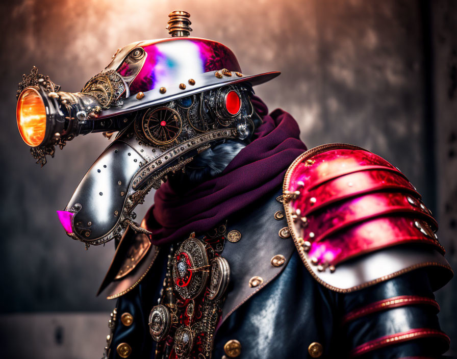 Steampunk style outfit with metallic horse-head mask and regal cloak