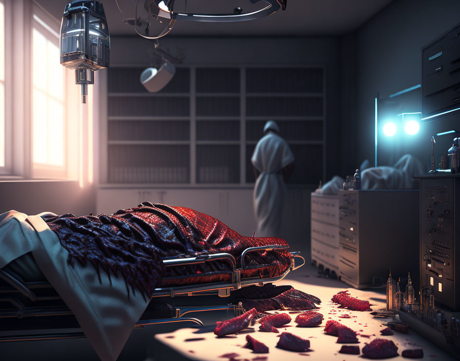 Operating Room Scene: Stretcher with Caped Figure and Slices of Meat