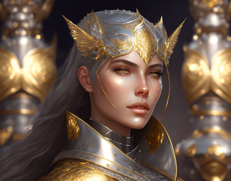 Silver-haired woman in golden armor with detailed helmet and striking makeup.