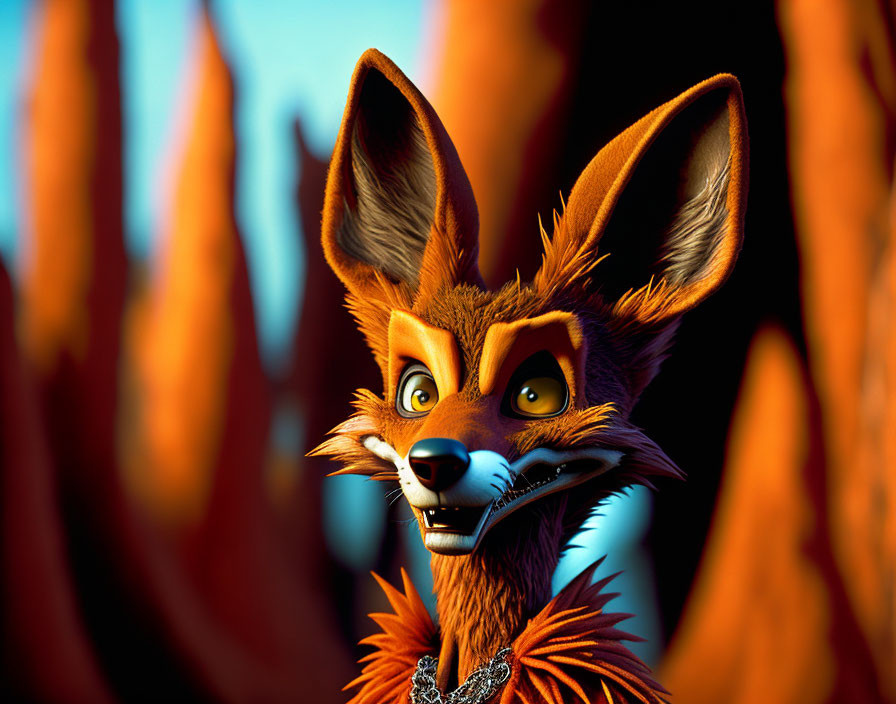 Vibrant anthropomorphic fox with blue eyes on orange rock background