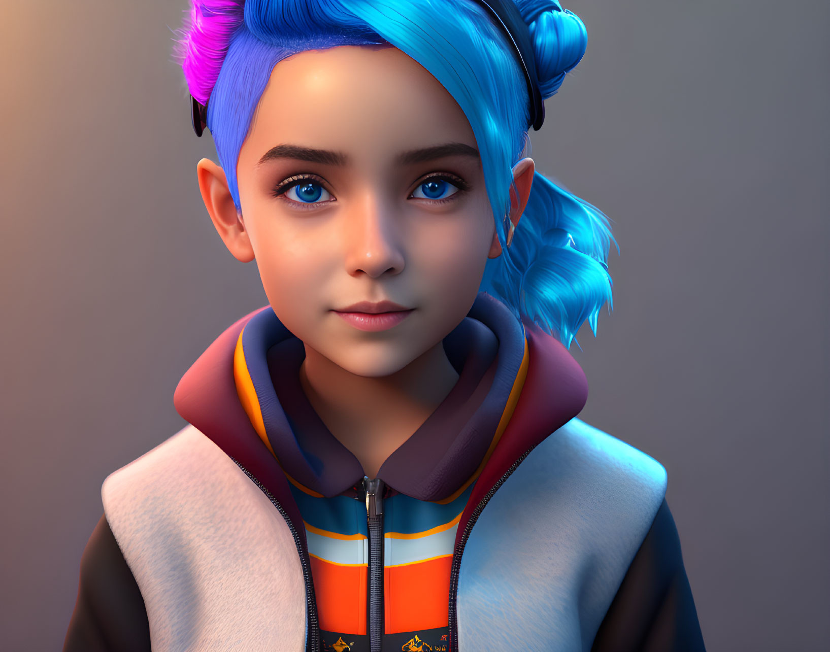 Digital artwork of young person with blue hair & detailed hoodie.