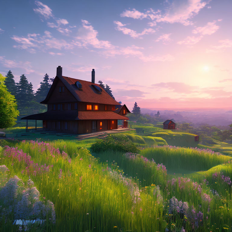 Two-story house in blooming meadow at sunrise