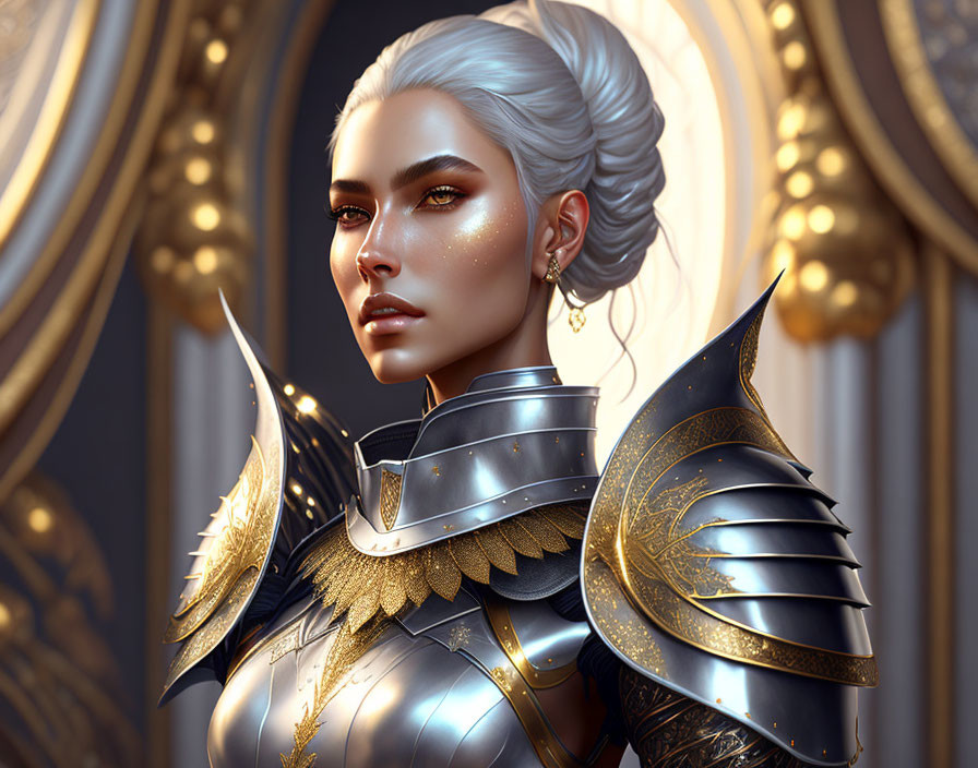 White-haired woman in ornate silver and gold armor in luxurious setting