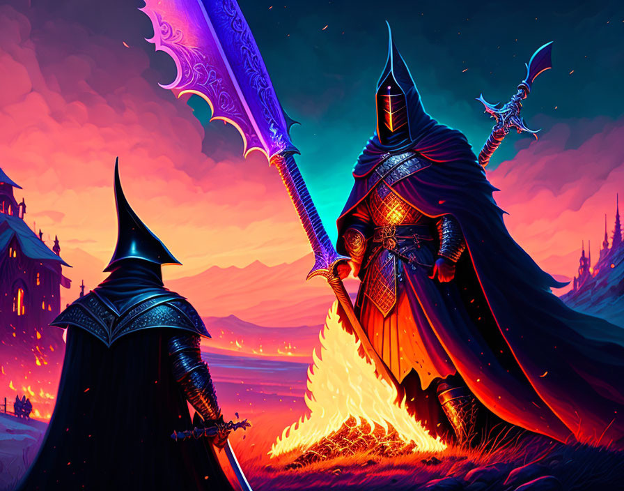 Armored knights with glowing weapons in fiery landscape