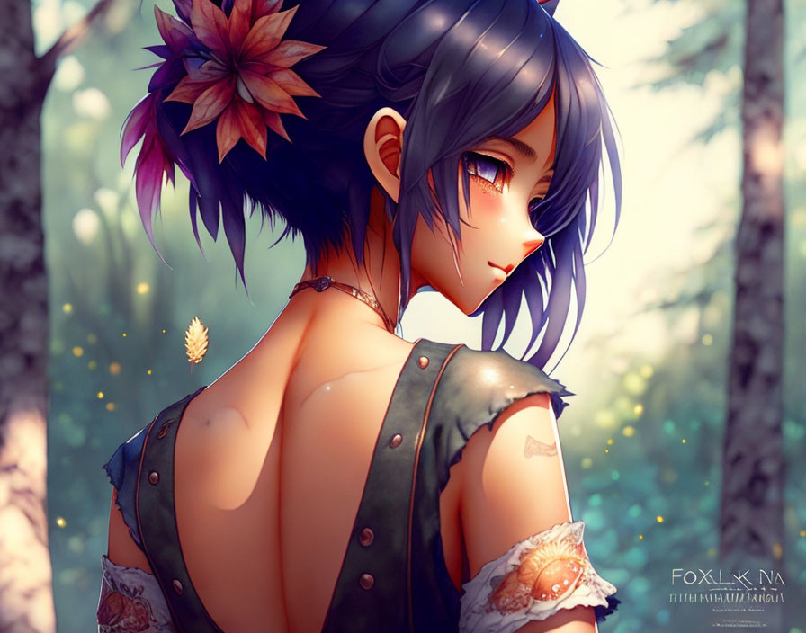 Blue-haired animated character in sunlit forest with dandelions.