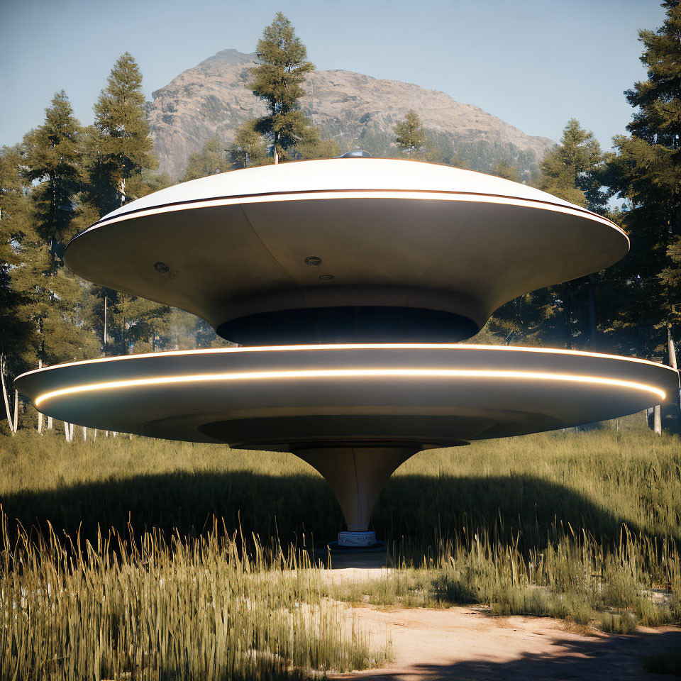 Futuristic saucer-shaped building with glowing rings in grassy field.