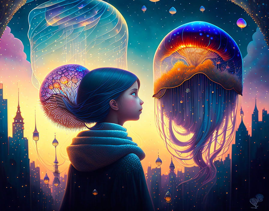 Girl in dark coat gazes at luminous jellyfish over city skyline at twilight