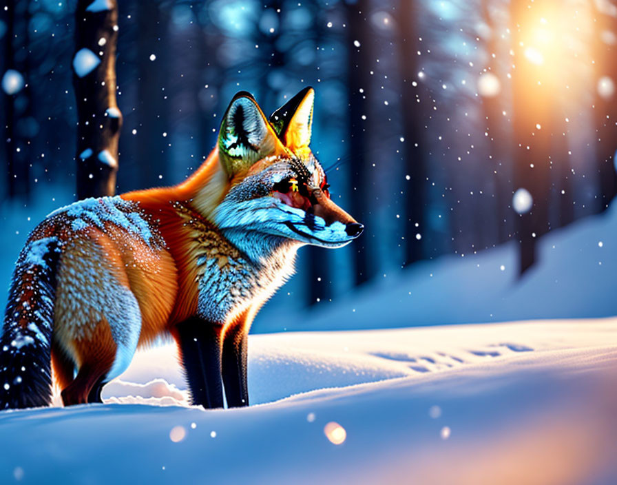 Fox in Snowy Woodland at Dusk: Serene Winter Scene