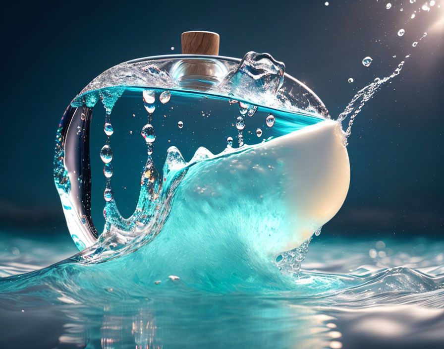 Perfume bottle with water splash on blue background symbolizing freshness