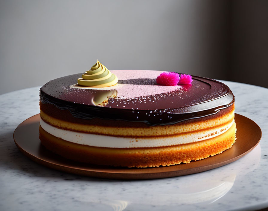 Chocolate-Glazed Cake on Golden Base with Cream Swirl and Pink Flowers