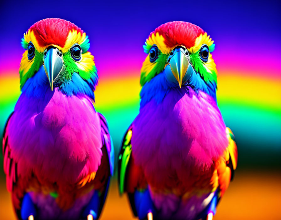 Vibrantly colored rainbow-hued parrots on soft-focus background