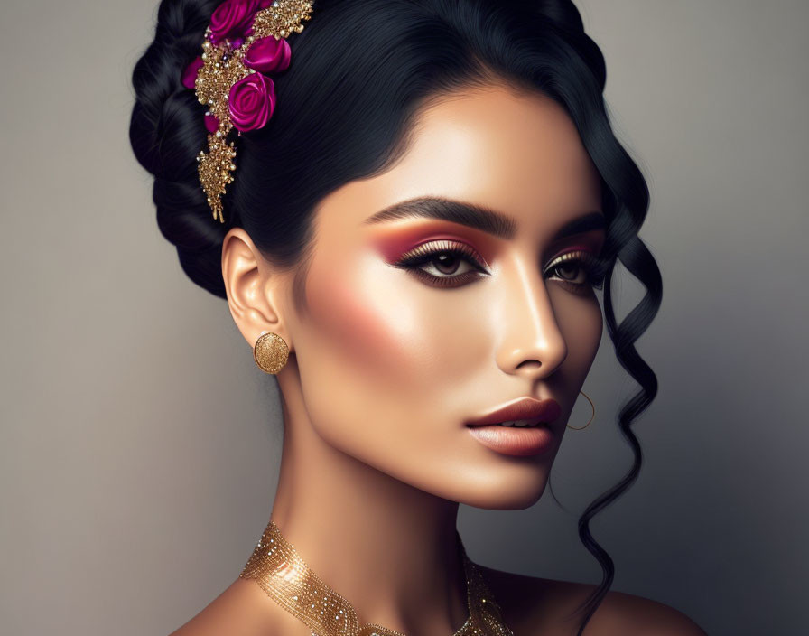 Elaborate Floral Hairstyle and Golden Jewelry with Detailed Makeup