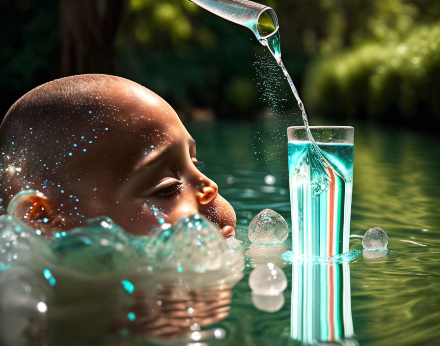 Baby observing floating glass in water with bubbles and ripples