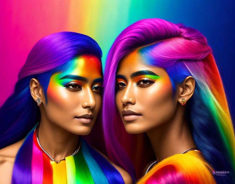 Vibrant Rainbow-Colored Hair and Makeup on Two Individuals