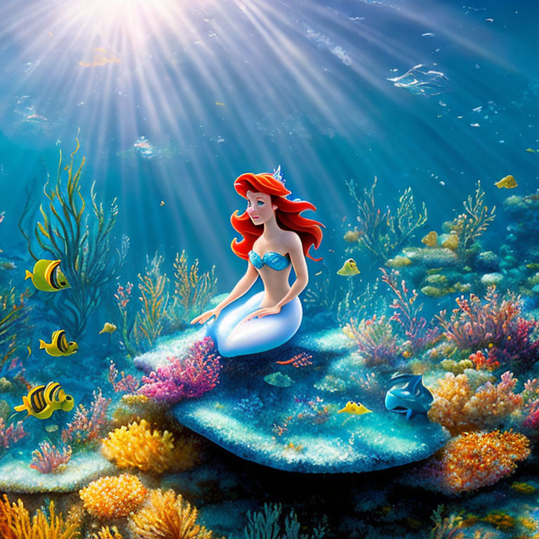 Red-haired animated mermaid on underwater rock with colorful coral and fish