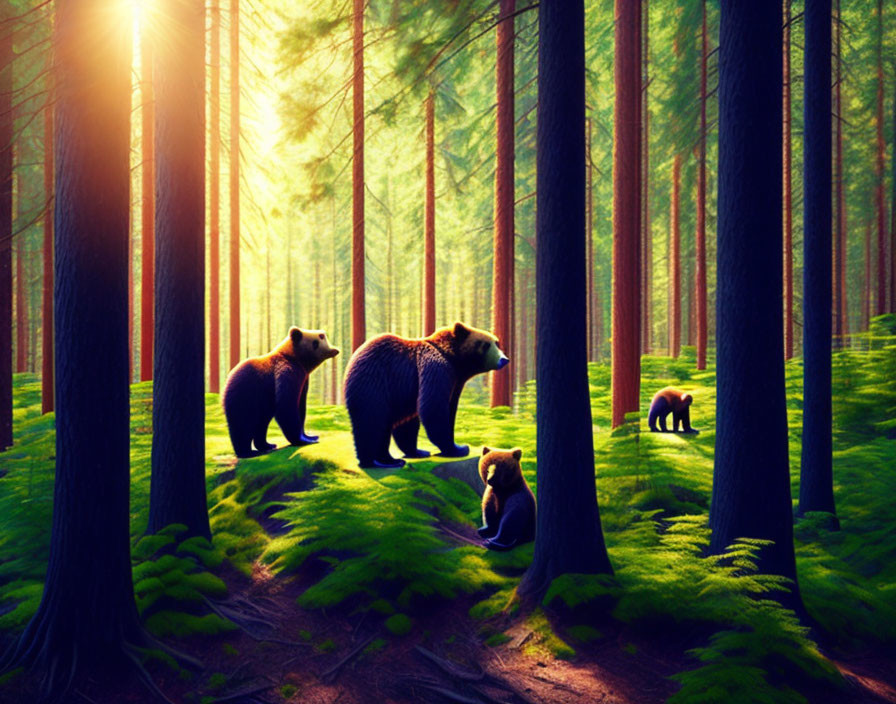 Family of Bears in Sunlit Pine Forest Landscape