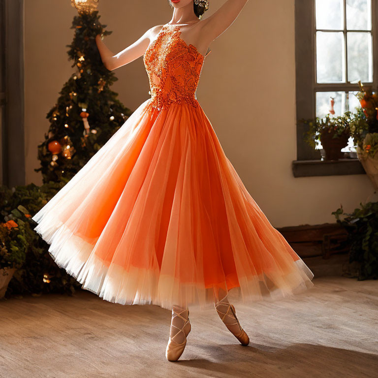 Person in ornate orange dress and ballet pointe shoes in festive room with Christmas tree and flowers