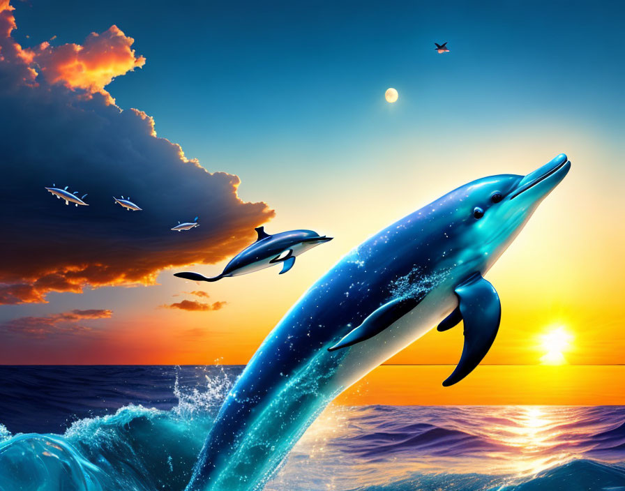 Dolphin leaping at sunset with colorful sky, clouds, birds, planes, and moon