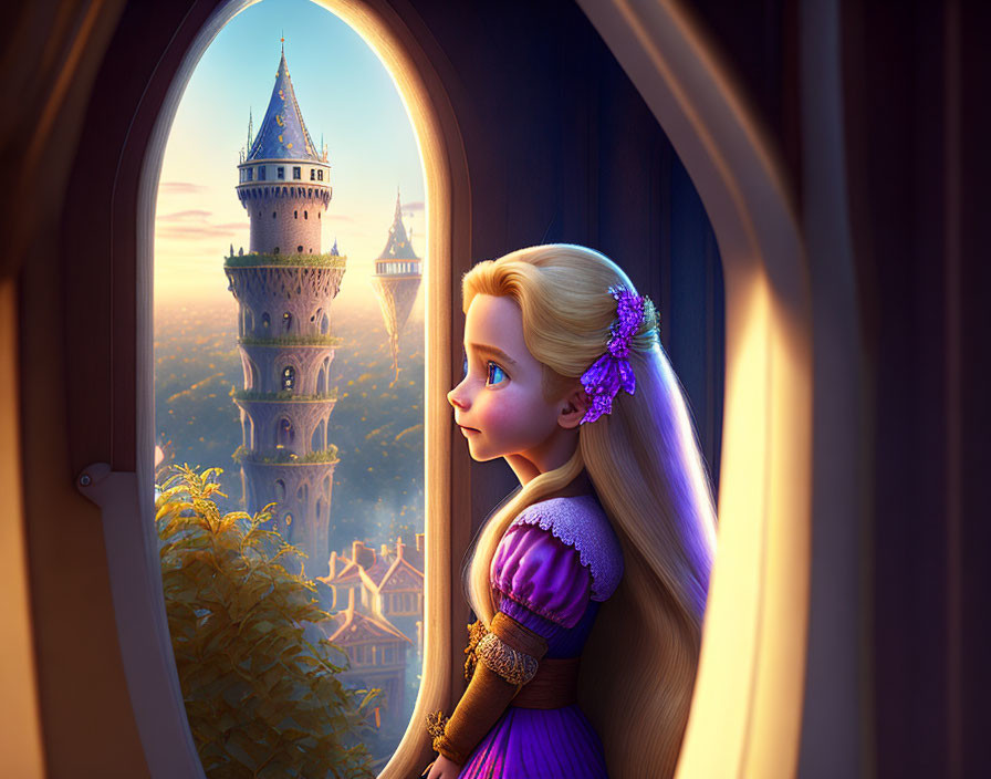 Golden-haired animated girl gazes at distant castle through arched window at sunset surrounded by foliage