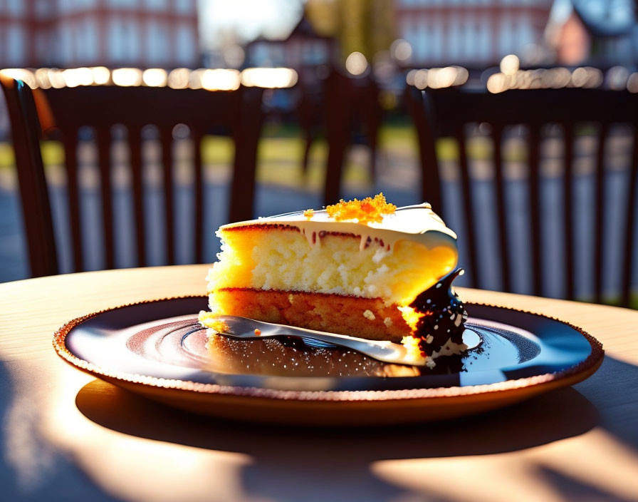 Cheesecake slice with cream and orange zest on ceramic plate outdoor