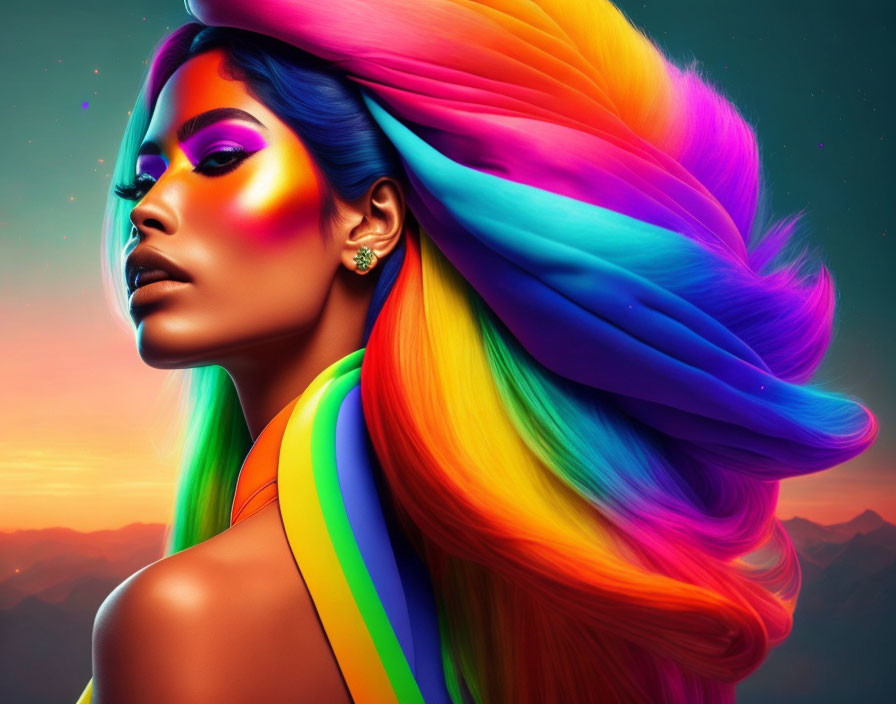 Vibrant rainbow-colored hair and makeup against orange sunset background