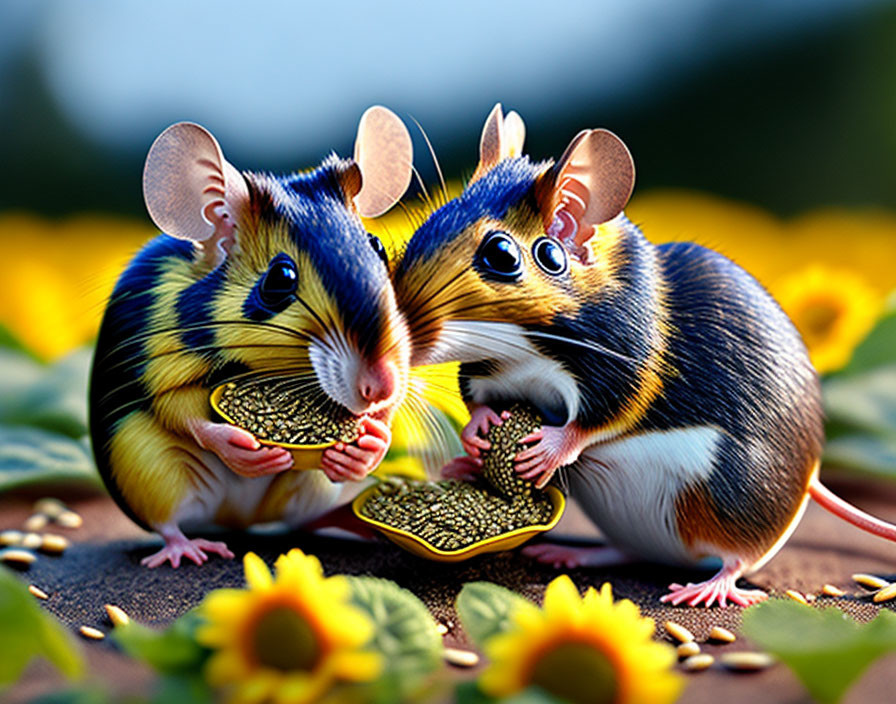 Fantasy creatures with mouse heads and chipmunk bodies holding sunflower seeds in a floral setting.