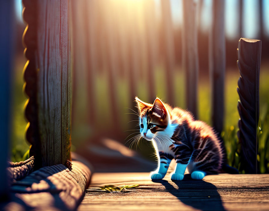 Adorable kitten on wooden deck in golden sunlight