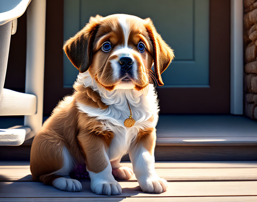 Brown and White Puppy with Gold Collar Sitting by Doorway