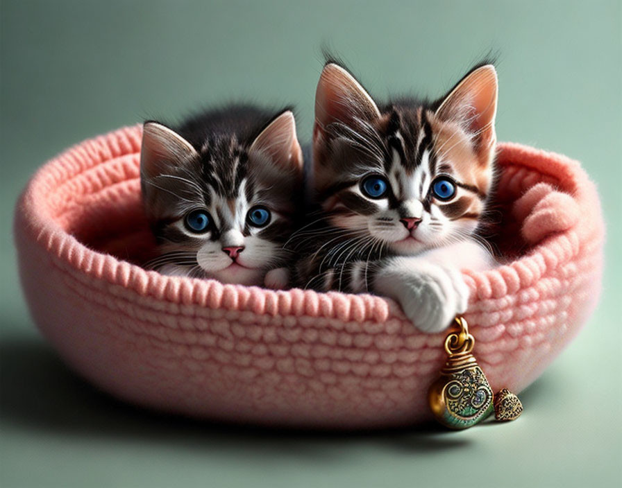 Two Kittens with Blue Eyes in Pink Knitted Bed with Heart Pendant