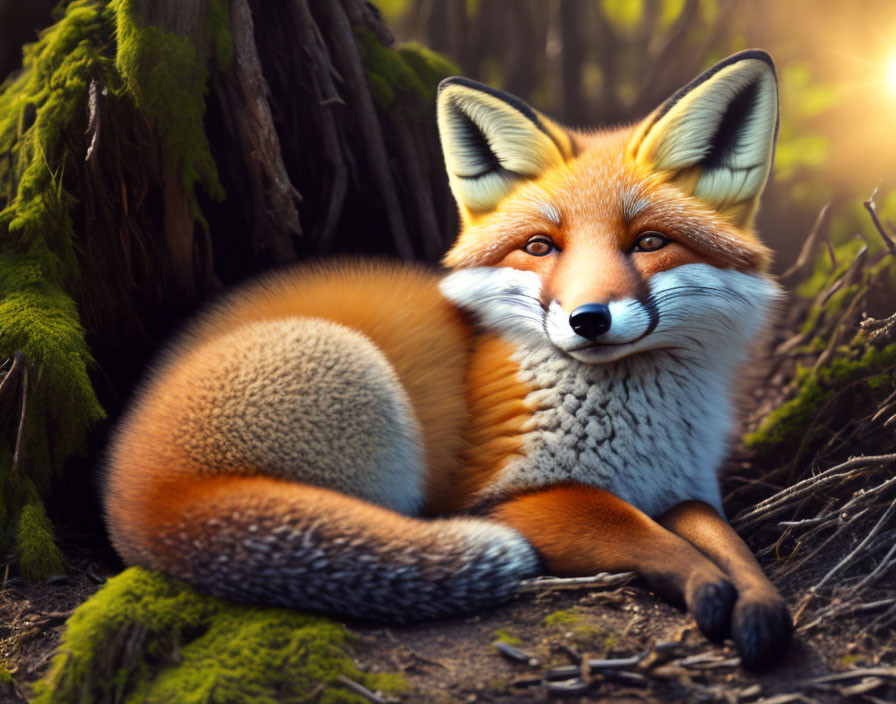 Orange fox resting near a tree in sunlight