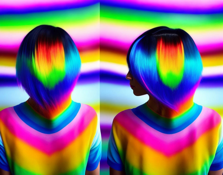 Multicolored bob haircut and vibrant striped shirt against vivid backdrop