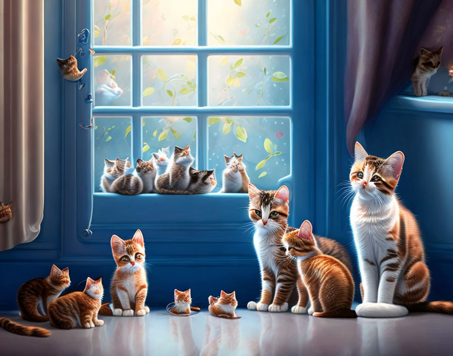 Cozy room with multiple cats and kittens by sunny window watching butterflies