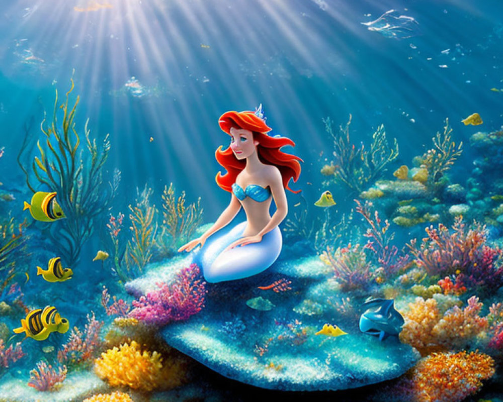 Red-haired animated mermaid on underwater rock with colorful coral and fish