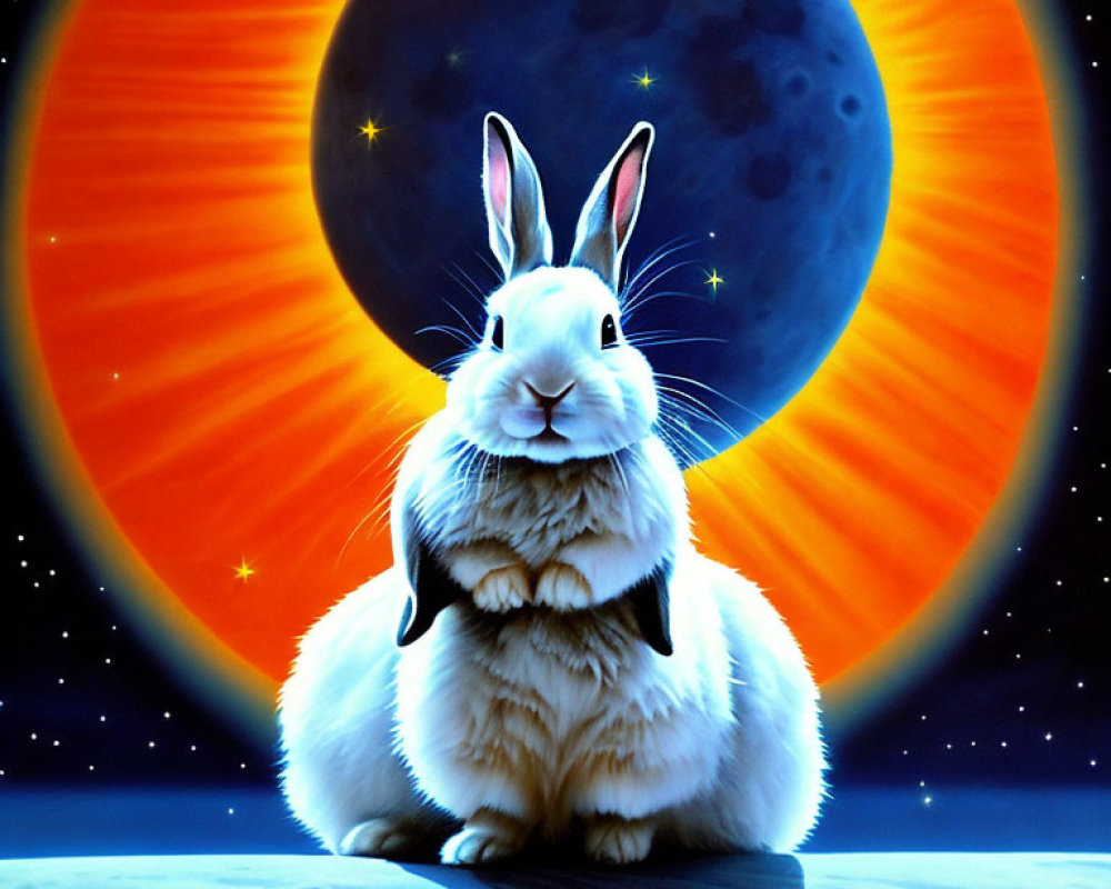 Illustration of white rabbit on celestial body with eclipsed sun and moon