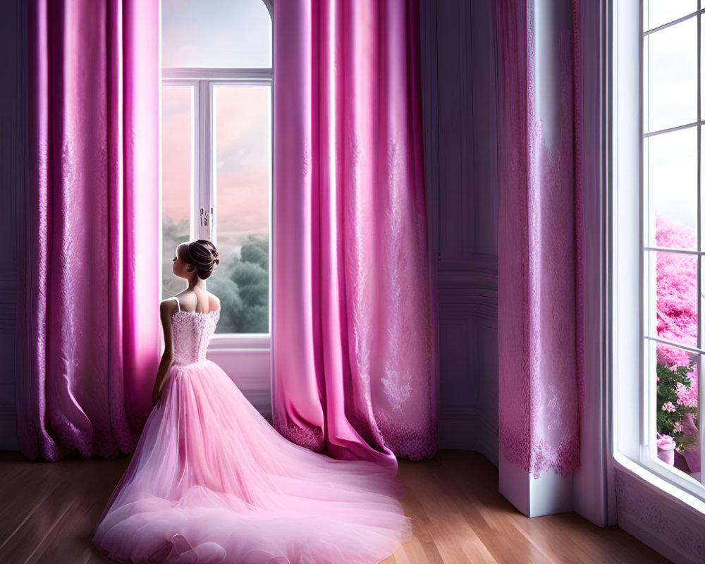 Woman in Pink Dress by Arched Window with Blooming Trees