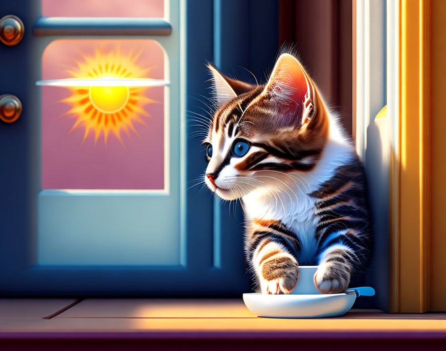 Tabby kitten with striking markings by sunlit window and saucer on windowsill