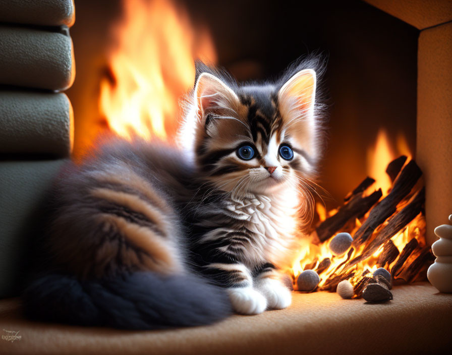 Fluffy kitten with striking markings by cozy fireplace