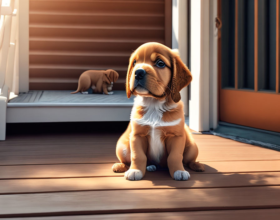 Brown and White Puppy Sitting on Wooden Deck with Another Puppy in Background